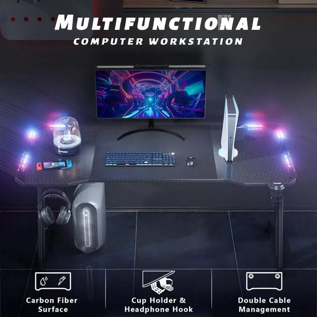 Alt view image 6 of 6 - HLDIRECT 63 Inch Gaming Desk with LED Lights Carbon Fibre Surface Gaming Table Large Computer Desk Ergonomic Home Office Desks Z Shaped PC Gamer Workstations with Cup Holder & Headphone Hook Black