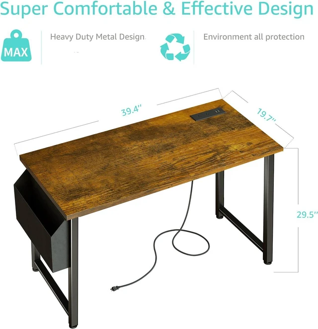 Alt view image 3 of 7 - Lufeiya 40 inch Computer Desk with Power Outlet, 39 inch Teen Study Table Home Office Work Writing Desk with Charging Station Outlets Built in, Rustic Brown
