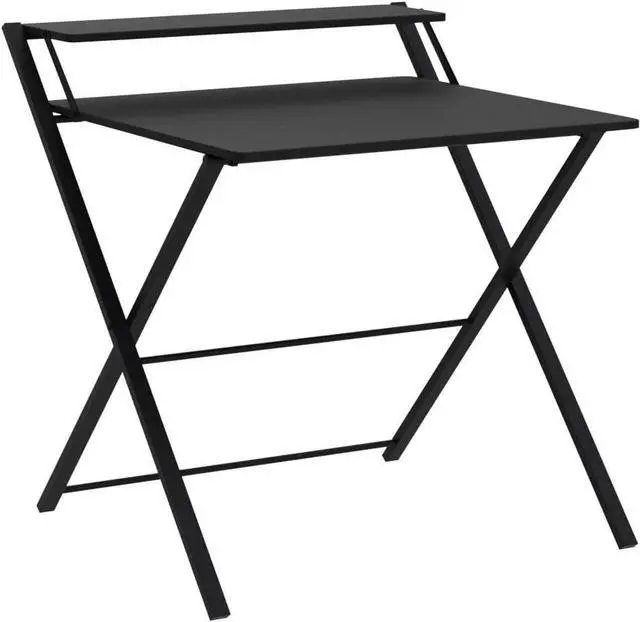 Alt view image 6 of 7 - GreenForest Small Folding Desk No Assembly Required, Fully Unfold 27.3 x 22 inch 2-Tier Computer Desk with Shelf Space Saving Foldable Table for Small Spaces, Black