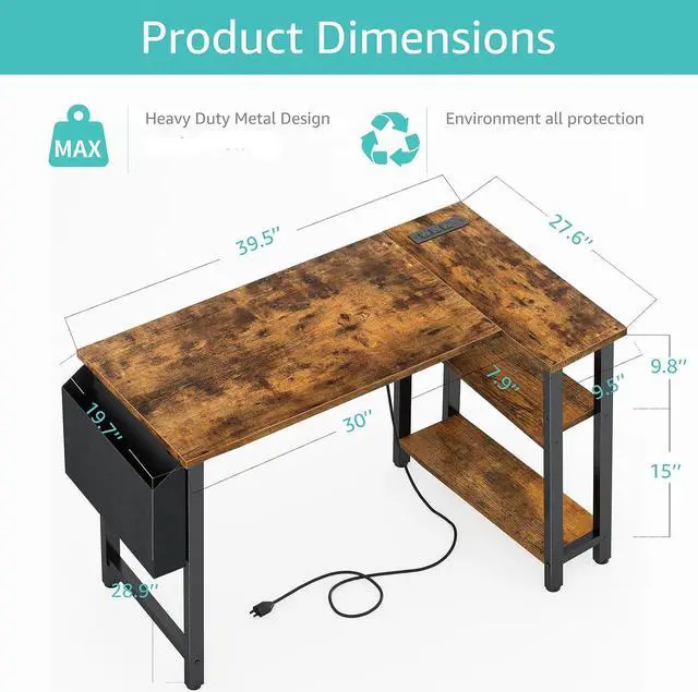Alt view image 3 of 7 - Lufeiya Small L Shaped Desk with Power Outlet Shelves, 40 Inch Corner Desk for Small Space Home Office, L-Shaped Computer Desk PC Desks with Charging Station, Rustic Brown