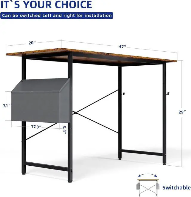 Alt view image 3 of 6 - Pamray 47 Inch Computer Desk for Small Spaces with Storage Bag, Home Office Work Desk with Headphone Hook, Small Office Desk Study Writing Table