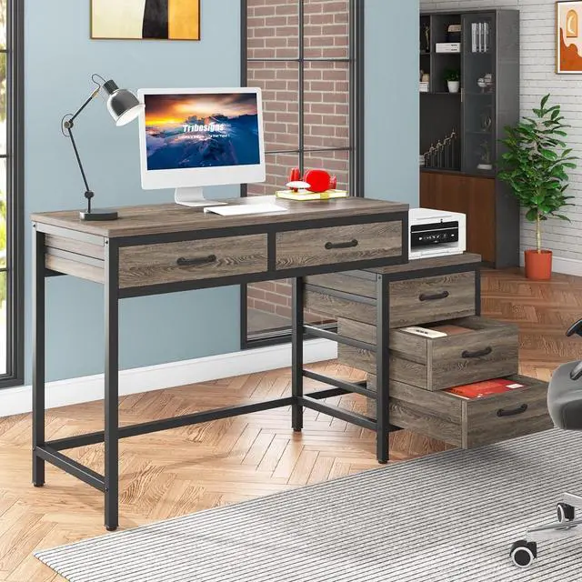 Alt view image 2 of 7 - Tribesigns Computer Desk with 5 Drawers, Home Office Desks with Reversible Drawer Cabinet Printer Stand, Industrial PC Desk with Storage, Grey Study Writing Table Workstation for Small Spaces