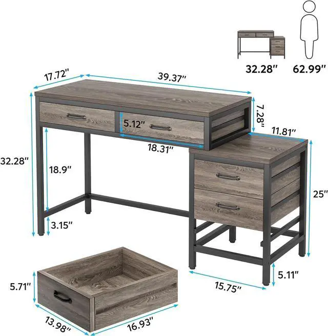 Alt view image 3 of 7 - Tribesigns Computer Desk with 5 Drawers, Home Office Desks with Reversible Drawer Cabinet Printer Stand, Industrial PC Desk with Storage, Grey Study Writing Table Workstation for Small Spaces