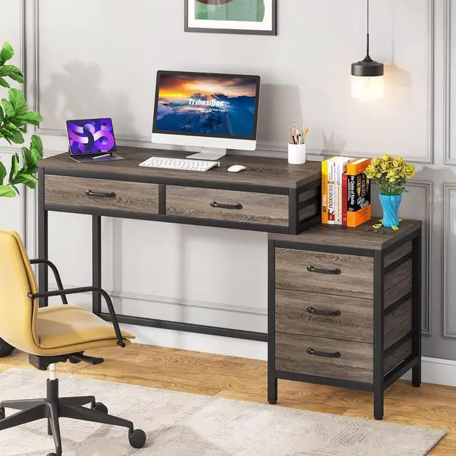 Alt view image 5 of 7 - Tribesigns Computer Desk with 5 Drawers, Home Office Desks with Reversible Drawer Cabinet Printer Stand, Industrial PC Desk with Storage, Grey Study Writing Table Workstation for Small Spaces