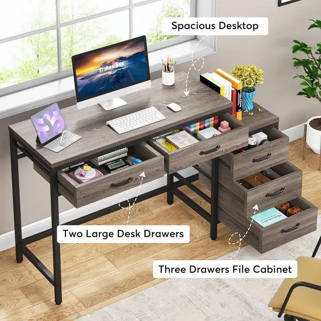Alt view image 6 of 7 - Tribesigns Computer Desk with 5 Drawers, Home Office Desks with Reversible Drawer Cabinet Printer Stand, Industrial PC Desk with Storage, Grey Study Writing Table Workstation for Small Spaces