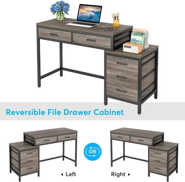 Alt view image 7 of 7 - Tribesigns Computer Desk with 5 Drawers, Home Office Desks with Reversible Drawer Cabinet Printer Stand, Industrial PC Desk with Storage, Grey Study Writing Table Workstation for Small Spaces