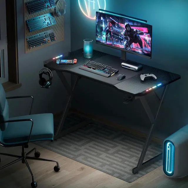 Alt view image 2 of 6 - HLDIRECT 55 Inch Gaming Desk with LED Lights, Ergonomic Computer Gaming Table with Carbon Fibre Surface, Sturdy PC Workstation Desk for Gaming and Home Office with Headphone Hook, Cup Holder, Black