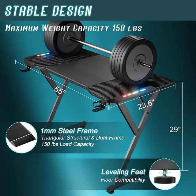 Alt view image 5 of 6 - HLDIRECT 55 Inch Gaming Desk with LED Lights, Ergonomic Computer Gaming Table with Carbon Fibre Surface, Sturdy PC Workstation Desk for Gaming and Home Office with Headphone Hook, Cup Holder, Black