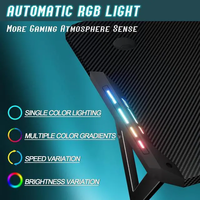 Alt view image 4 of 6 - HLDIRECT 55 Inch Gaming Desk with LED Lights, Ergonomic Computer Gaming Table with Carbon Fibre Surface, Sturdy PC Workstation Desk for Gaming and Home Office with Headphone Hook, Cup Holder, Black