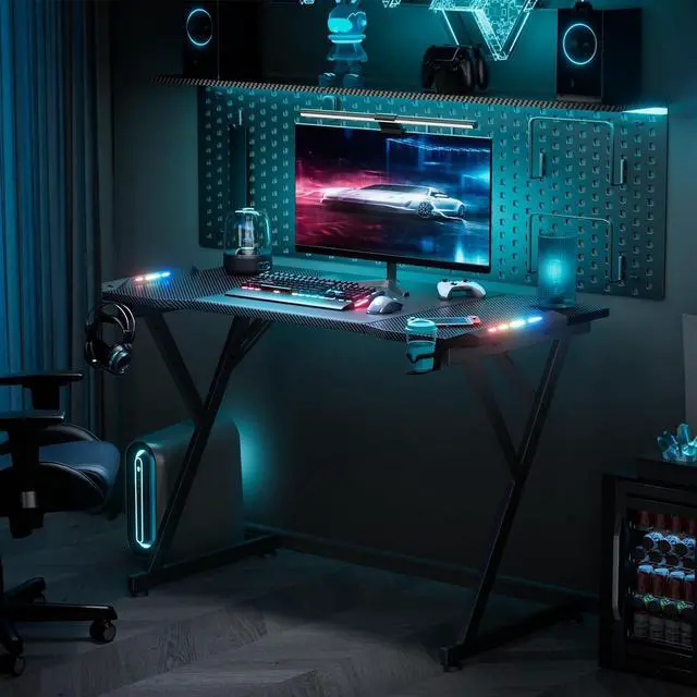 Alt view image 6 of 6 - HLDIRECT 55 Inch Gaming Desk with LED Lights, Ergonomic Computer Gaming Table with Carbon Fibre Surface, Sturdy PC Workstation Desk for Gaming and Home Office with Headphone Hook, Cup Holder, Black