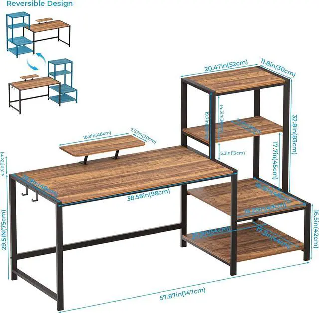 Alt view image 3 of 7 - GreenForest Office Desk 58 inch with Printer Shelf, Reversible Computer Desk with Movable Monitor Stand and 2 Hooks,Home Workstation for Study Writing Working Gaming, Brown