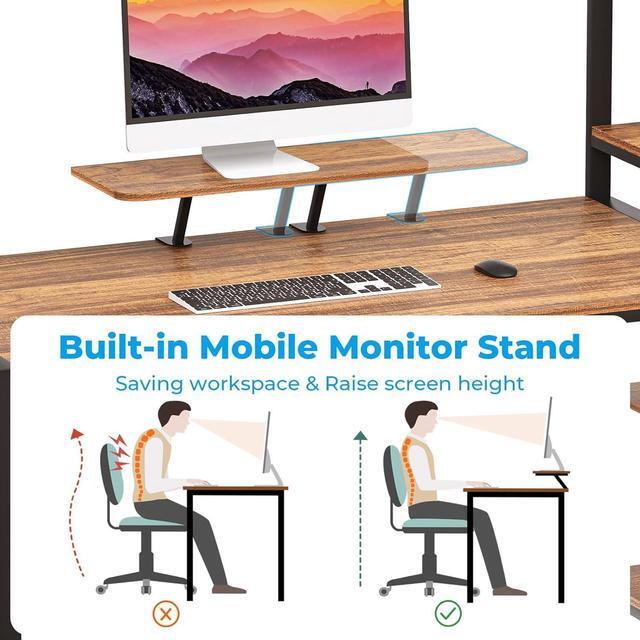 Alt view image 5 of 7 - GreenForest Computer Desk with Storage Printer Shelf,67 inch Reversible Home Office Desk Large Study Writing Table with Movable Monitor Stand and 2 Headphone Hooks for PC Gaming Working, Walnut