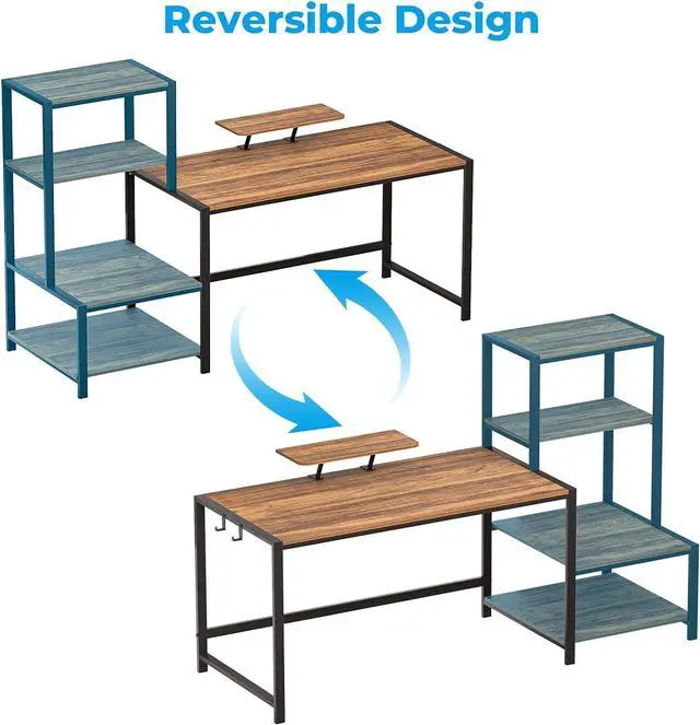 Alt view image 5 of 7 - GreenForest Office Desk 58 inch with Printer Shelf, Reversible Computer Desk with Movable Monitor Stand and 2 Hooks,Home Workstation for Study Writing Working Gaming, Brown