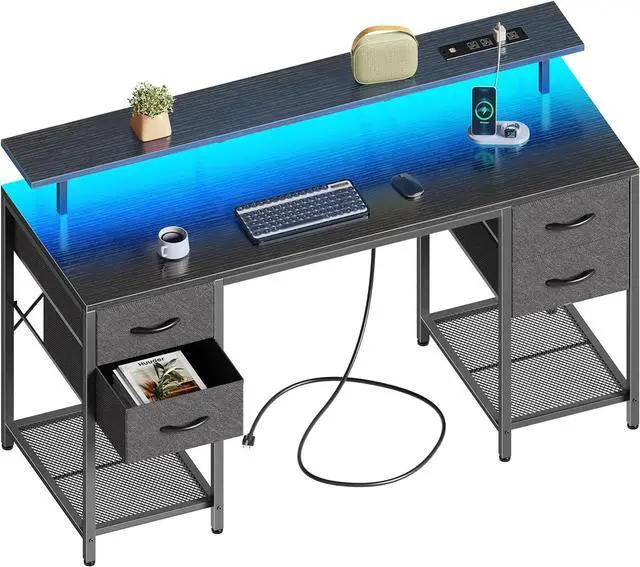 Main image of 55 inch Computer Desk with 4 Drawers, Gaming Desk with LED Lights & Power Outlets, Home Office Desk with Large Storage Space for Bedroom, Work from Home, Black