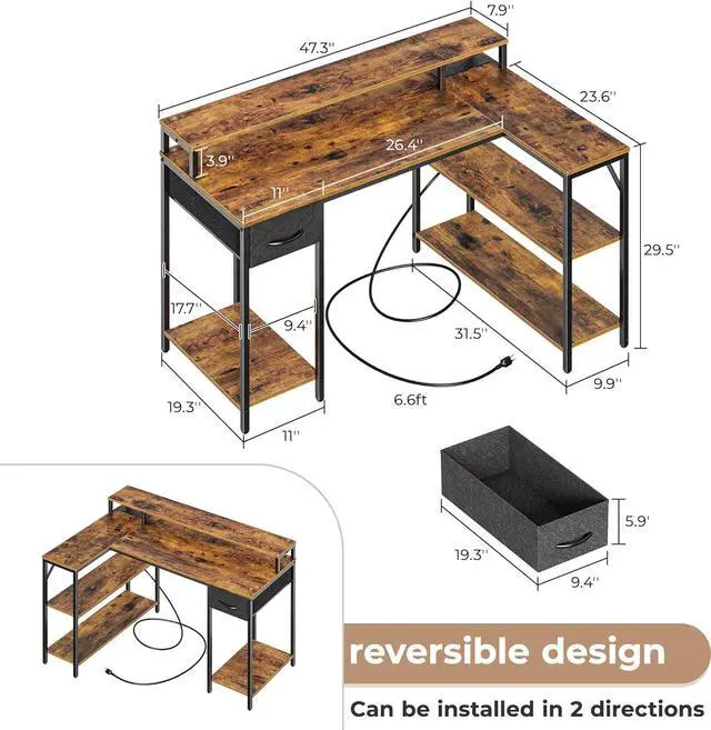 Alt view image 3 of 7 - SUPERJARE L Shaped Gaming Desk with LED Lights & Power Outlets, Reversible Computer Desk with Shelves & Drawer, Corner Desk Home Office Desk, Rustic Brown, 7035ZC