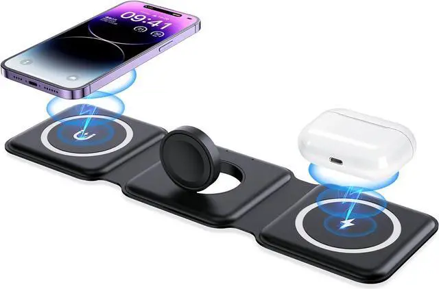 Main image of Wireless Charger, Magnetic Foldable 3 in 1 Mag-Safe Charger, Fast Travel Wireless Charging Station for iPhone 16/15/14/13/12/ Series,for iWatch,for AirPods (Adapter Included)
