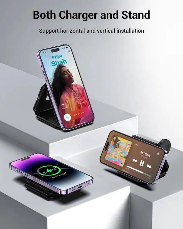 Alt view image 3 of 7 - Wireless Charger, Magnetic Foldable 3 in 1 Mag-Safe Charger, Fast Travel Wireless Charging Station for iPhone 16/15/14/13/12/ Series,for iWatch,for AirPods (Adapter Included)