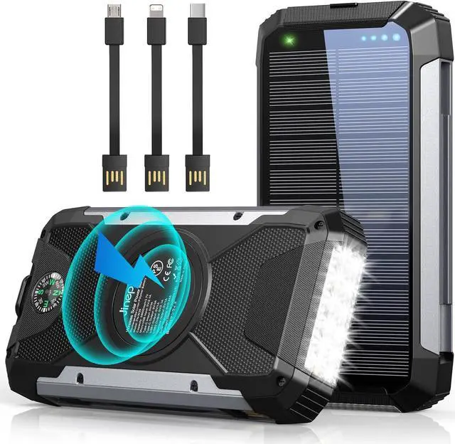 Main image of Solar Charger 38600mAh,Solar Power Bank Wireless Portable Charger Built in 3 Cables External Battery Pack Waterproof with 4 Outputs 2 Inputs USB C 15 W 5V/3A Battery Bank with Camping Light Compass
