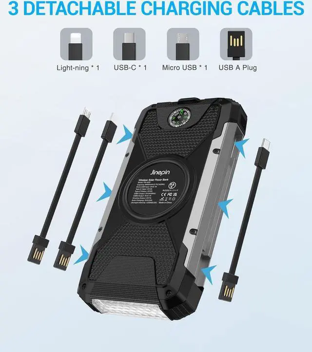Alt view image 4 of 7 - Solar Charger 38600mAh,Solar Power Bank Wireless Portable Charger Built in 3 Cables External Battery Pack Waterproof with 4 Outputs 2 Inputs USB C 15 W 5V/3A Battery Bank with Camping Light Compass