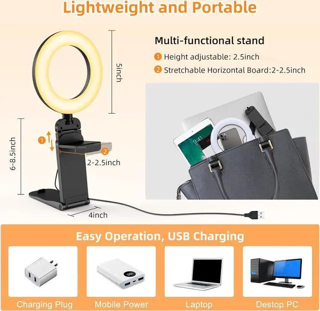 Alt view image 3 of 7 - Ring Light for Computer Laptop,Video Conference Lighting kit for Zoom Meetings,5" Small Led Selfie Light Portable Ring Light with Stand,Cell Phone Holder Desktop Ring Light for Skype Call