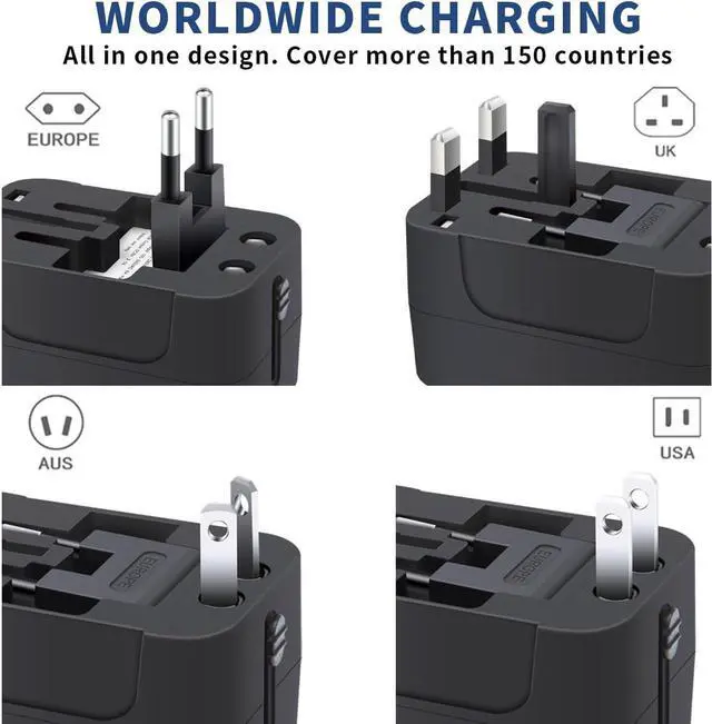 Alt view image 3 of 7 - Travel Adapter with USB C, Universal All in One Worldwide Travel Adapter Power Converters Wall Charger AC Power Plug Adapter USB Type C Charging Ports for USA EU UK AUS Black
