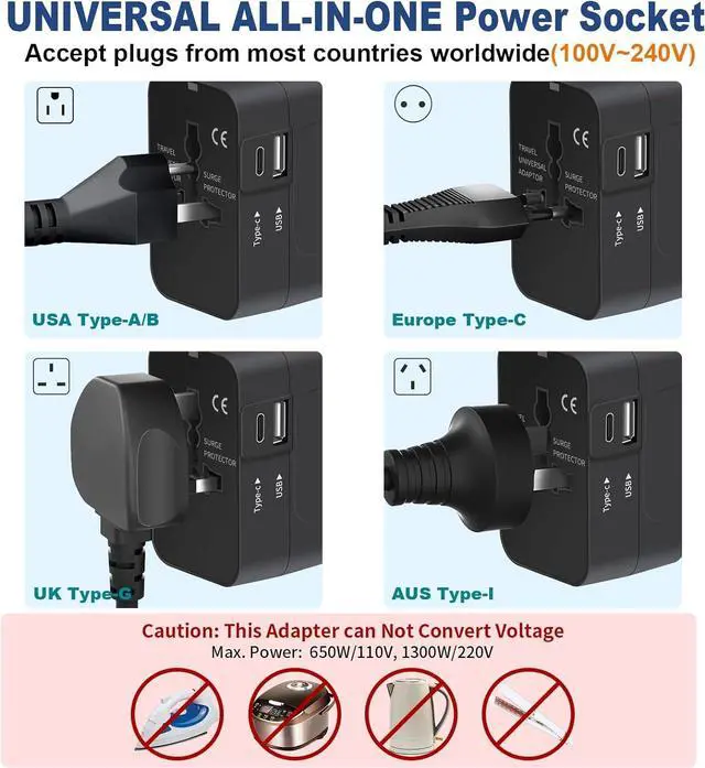 Alt view image 4 of 7 - Travel Adapter with USB C, Universal All in One Worldwide Travel Adapter Power Converters Wall Charger AC Power Plug Adapter USB Type C Charging Ports for USA EU UK AUS Black