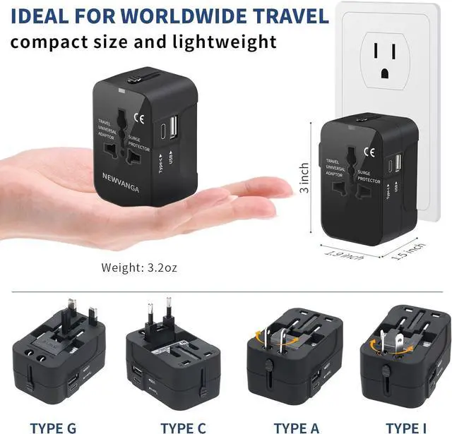 Alt view image 5 of 7 - Travel Adapter with USB C, Universal All in One Worldwide Travel Adapter Power Converters Wall Charger AC Power Plug Adapter USB Type C Charging Ports for USA EU UK AUS Black