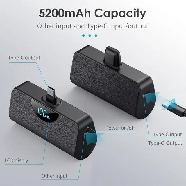 Alt view image 2 of 7 - Mini Portable Charger USB-C Power Bank 5200mAh,Ultra Compact LCD Display Battery Pack Backup Charger Compatible with iPhone 16/16 Plus/16 Pro/16 Pro Max/15 Series,Samsung S22/S23, Android Phones etc