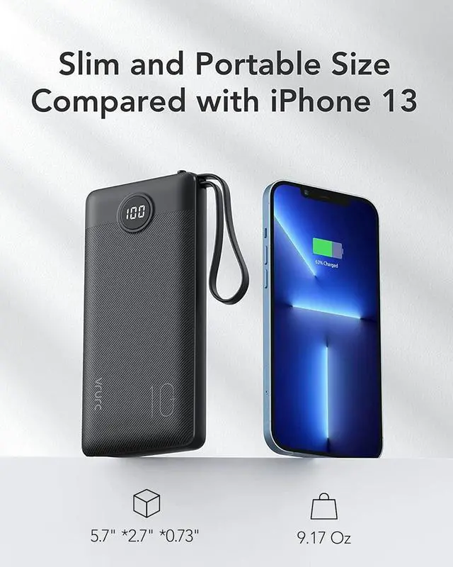 Alt view image 4 of 7 - VRURC Portable Charger with Built in Cables, 10000mAh Slim USB C Power Bank,5 Output 2 Input LED Display External Battery Pack Phone Charger Compatible with iPhone,Samsung,Android-Black(1 Pack)