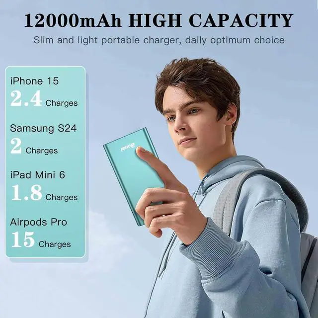 Alt view image 3 of 7 - BONAI Portable Charger 12,000mAh 5V/3A Fast Charging Power Bank, Dural Input & Output Ports (USB-C in & Out) Portable Phone Charger for iPhone 15/14/13/12 Series Samsung Galxy Android iPad etc - Mint