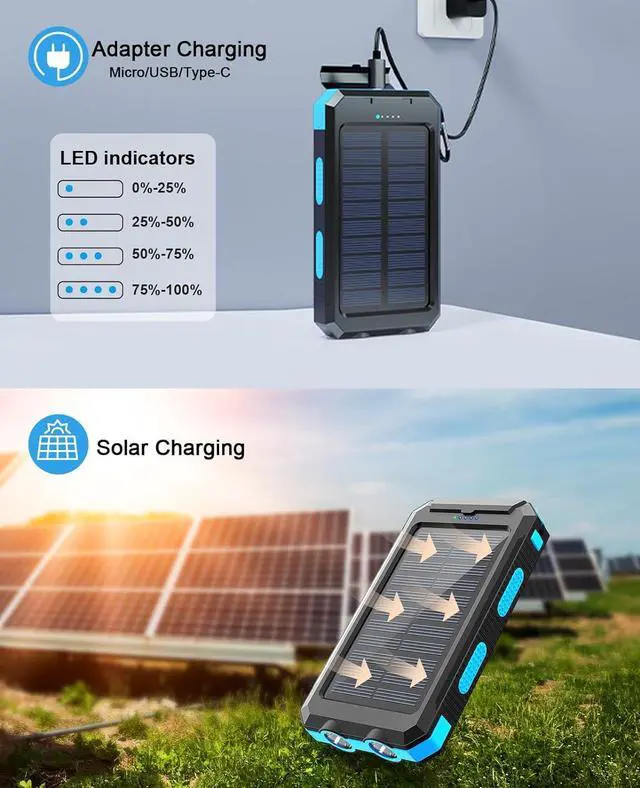 Alt view image 3 of 7 - Solar Power Bank Portable Charger 38800mah Waterproof Battery Backup Charger Solar Panel Charger with Dual LED Flashlights Suitable for Outdoor Camping Travel