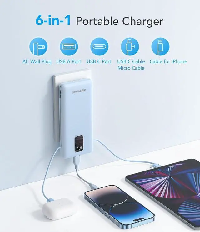 Alt view image 2 of 7 - Charmast Portable Charger with Built-in Cables & Wall Plug, 10000mAh Portable Power Bank, External Battery Pack Travel Essentials Compatible with iPhone 16/15/14/13, Samsung, iPad etc