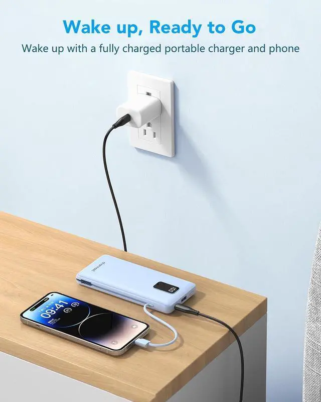 Alt view image 7 of 7 - Charmast Portable Charger with Built-in Cables & Wall Plug, 10000mAh Portable Power Bank, External Battery Pack Travel Essentials Compatible with iPhone 16/15/14/13, Samsung, iPad etc