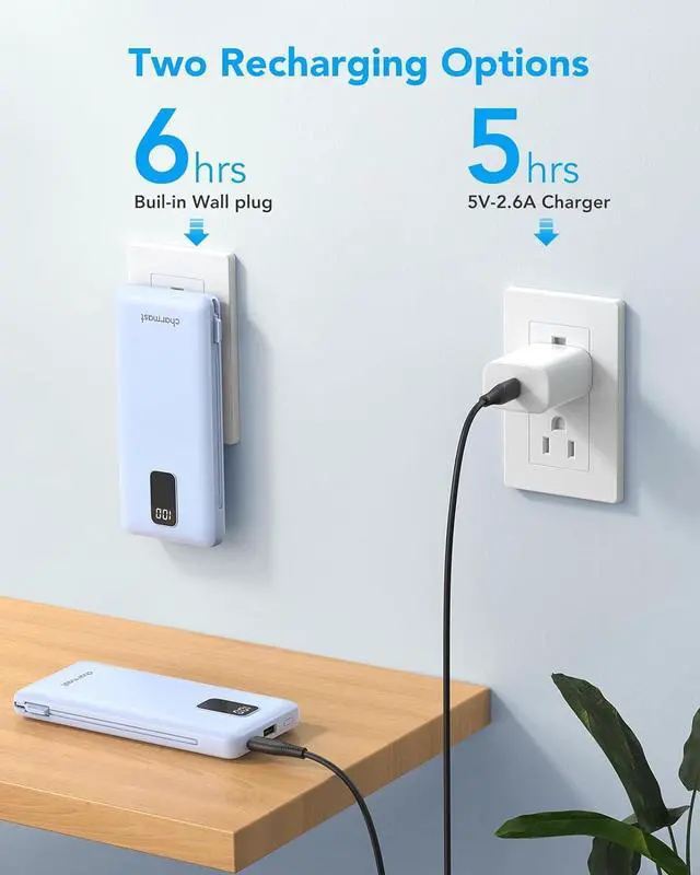 Alt view image 5 of 7 - Charmast Portable Charger with Built-in Cables & Wall Plug, 10000mAh Portable Power Bank, External Battery Pack Travel Essentials Compatible with iPhone 16/15/14/13, Samsung, iPad etc
