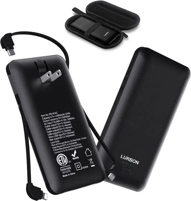 Main image of 10000 mAh Portable Charger Power Bank,Slim External Battery Pack with Built in AC Wall Plug, USB C Cable Total 3 Different Cables Compatible with Cell Phone Tablet