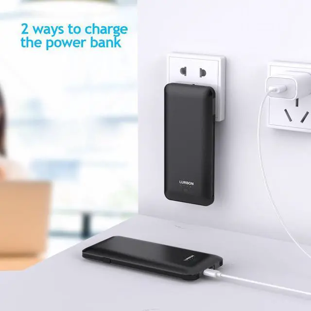 Alt view image 4 of 6 - 10000 mAh Portable Charger Power Bank,Slim External Battery Pack with Built in AC Wall Plug, USB C Cable Total 3 Different Cables Compatible with Cell Phone Tablet