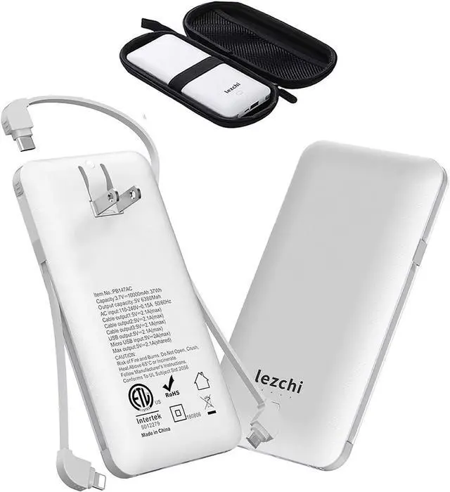 Main image of Portable Power Bank, Ultra Slim 10000mAh Portable Charger, USB C External Battery Pack with Built-in AC Plug, Charging Cable, Output Port, Compatible with All Kinds of Cellphones