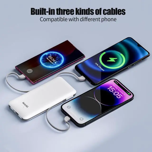 Alt view image 2 of 6 - Portable Power Bank, Ultra Slim 10000mAh Portable Charger, USB C External Battery Pack with Built-in AC Plug, Charging Cable, Output Port, Compatible with All Kinds of Cellphones