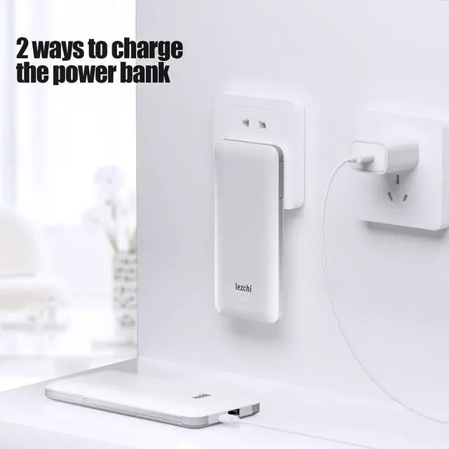 Alt view image 3 of 6 - Portable Power Bank, Ultra Slim 10000mAh Portable Charger, USB C External Battery Pack with Built-in AC Plug, Charging Cable, Output Port, Compatible with All Kinds of Cellphones