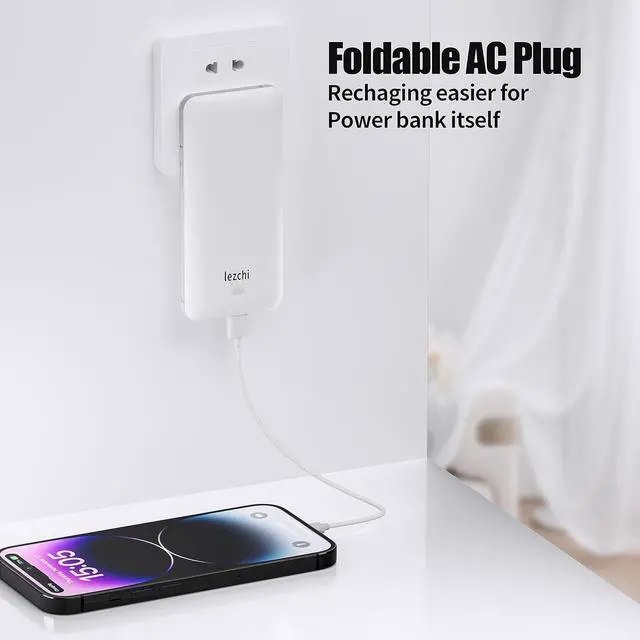 Alt view image 4 of 6 - Portable Power Bank, Ultra Slim 10000mAh Portable Charger, USB C External Battery Pack with Built-in AC Plug, Charging Cable, Output Port, Compatible with All Kinds of Cellphones
