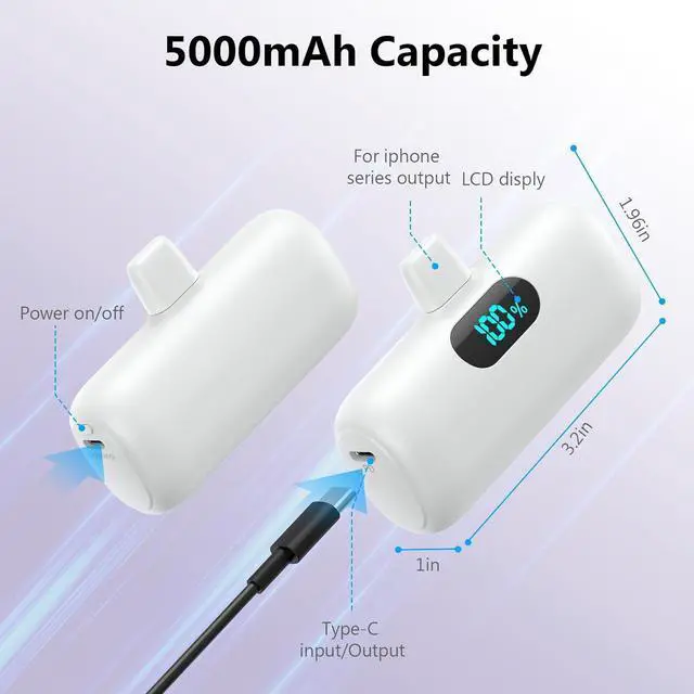 Alt view image 5 of 7 - [2 Pack]Mini Portable Charger 5000mAh Ultra-Compact 15W PD Fast Charging Power Bank LCD Display Cute Battery Pack Backup Charger Compatible with iPhone 14/14 Pro Max/13/13 Pro/12/XR/8/7/6-Black+White