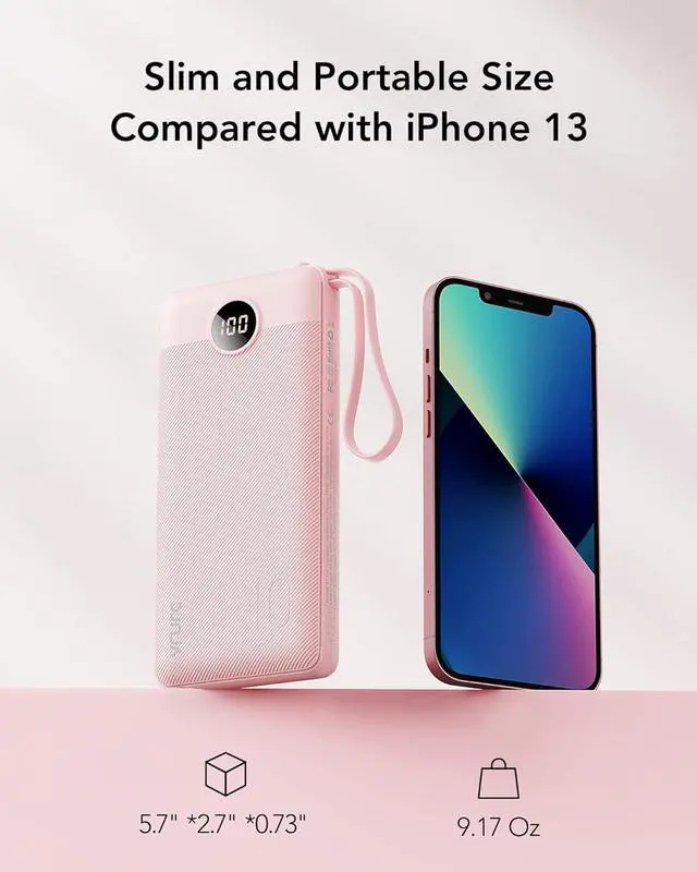 Alt view image 5 of 7 - VRURC Portable Charger Power Bank, 10000mAh Travel Essentials Battery Pack, 5 Outputs 2 Inputs Slim Charging Bank Built-in Cables Cords Wires Compatible with iPhone,Samsung,Android-Pink(1 Pack)