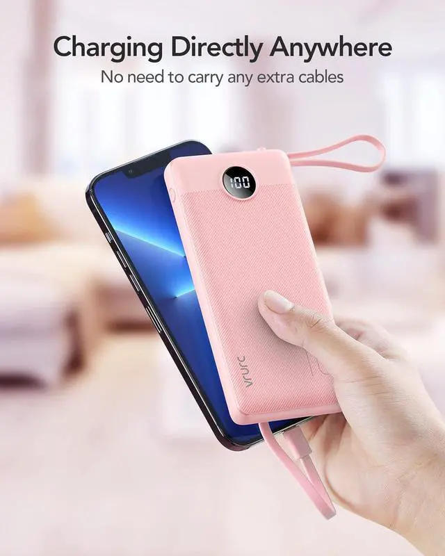Alt view image 7 of 7 - VRURC Portable Charger 10000mAh, Slim LED Display Power Bank, 5 Output 2 Input Cell Phone Battery Pack, Built-in Micro & USB C Cables Phone Charger Compatible with iPhone,Samsung,Android-Pink(1 Pack)