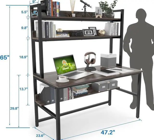 Alt view image 2 of 7 - Aquzee Desk with Hutch Bookshelves, Computer Desk with 3 Tiers Storage Shelves, Space Saving Design Black Metal Legs Desk with Grey Board, Easy Assemble