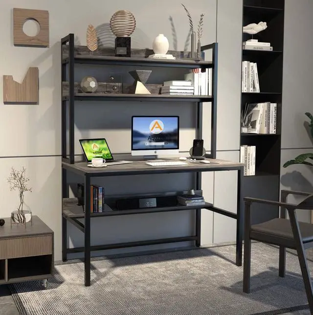 Alt view image 3 of 7 - Aquzee Desk with Hutch Bookshelves, Computer Desk with 3 Tiers Storage Shelves, Space Saving Design Black Metal Legs Desk with Grey Board, Easy Assemble