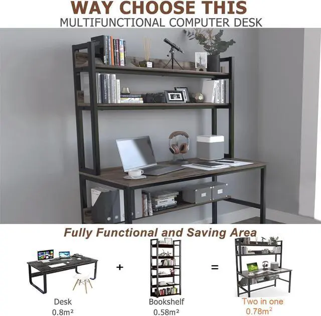Alt view image 5 of 7 - Aquzee Desk with Hutch Bookshelves, Computer Desk with 3 Tiers Storage Shelves, Space Saving Design Black Metal Legs Desk with Grey Board, Easy Assemble