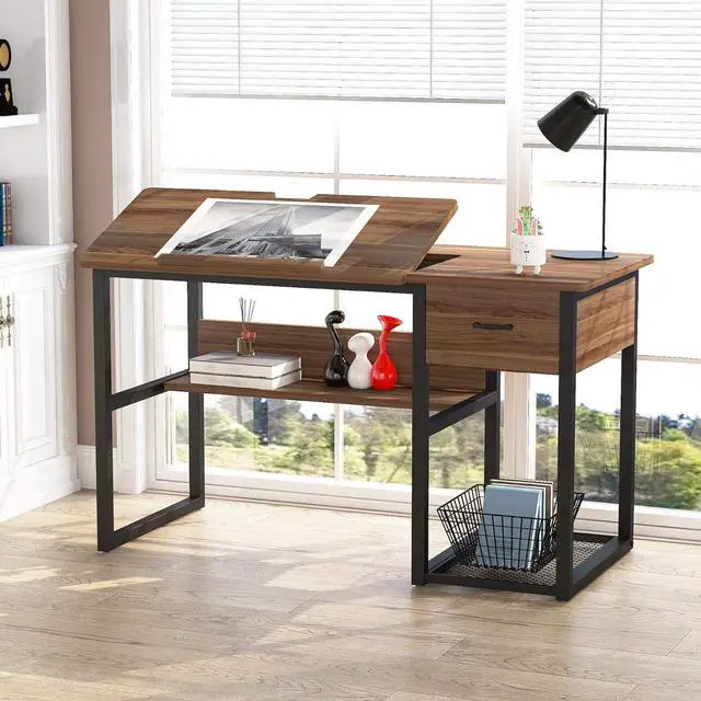 Alt view image 2 of 7 - Tribesigns Drafting Table with Storage Drawers, Drawing Computer Desk Artist Craft Table Painting Desk Workstation with Shelves and Tiltable Tabletop for Students, Home Office