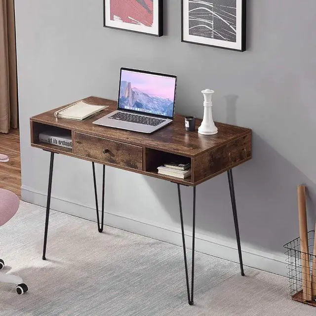 Alt view image 3 of 5 - VECELO 39.3" Home Office Work Table with Drawers Computer Desk Writing/Study, 39 Inch Hairpin Legs, Rustic Brown