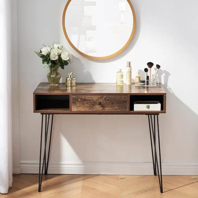 Alt view image 4 of 5 - VECELO 39.3" Home Office Work Table with Drawers Computer Desk Writing/Study, 39 Inch Hairpin Legs, Rustic Brown