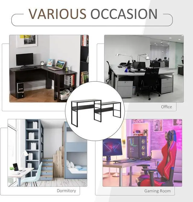 Alt view image 7 of 7 - HOMCOM 86.5 Inch Two Person Desk Double Computer Table Writing Desk with Open Shelves Long Storage Workstation for Home Office Gray